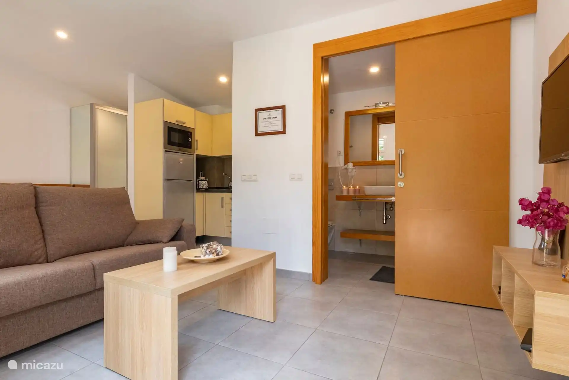 Wohnzimmer mit Sofa und Couchtisch, die integrierte Küche hinten und das Badezimmer rechts.