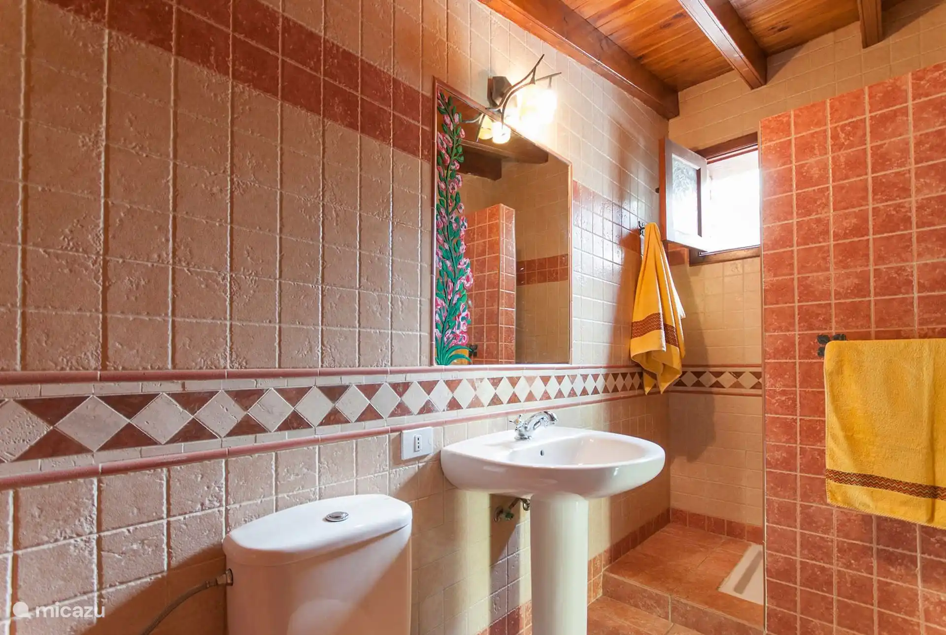 Terracotta betegelde badkamer met douche, wastafel en raam.