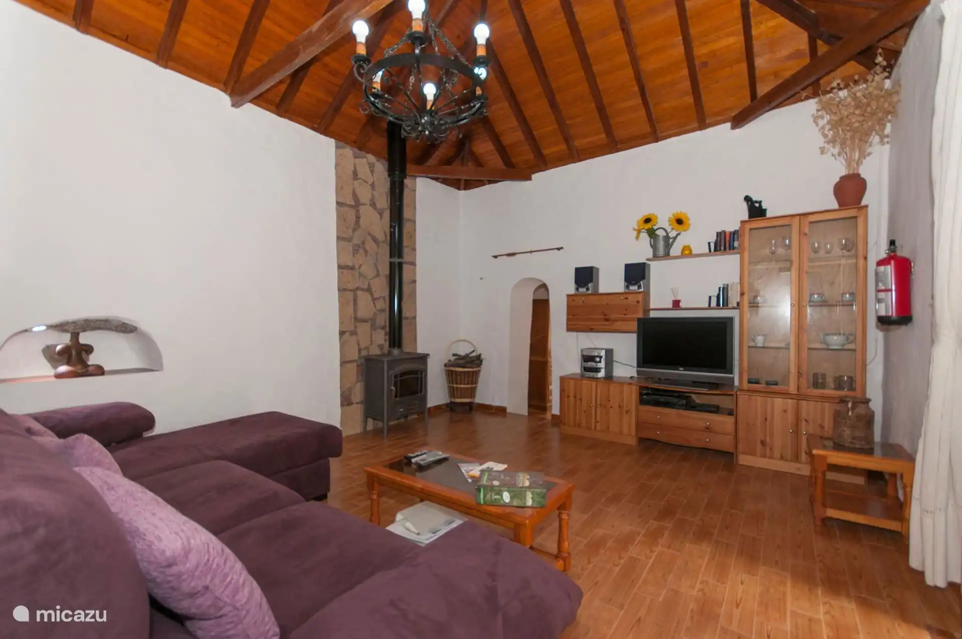 Woonkamer met houtkachel, grote bank en televisie, onder het houten plafond.