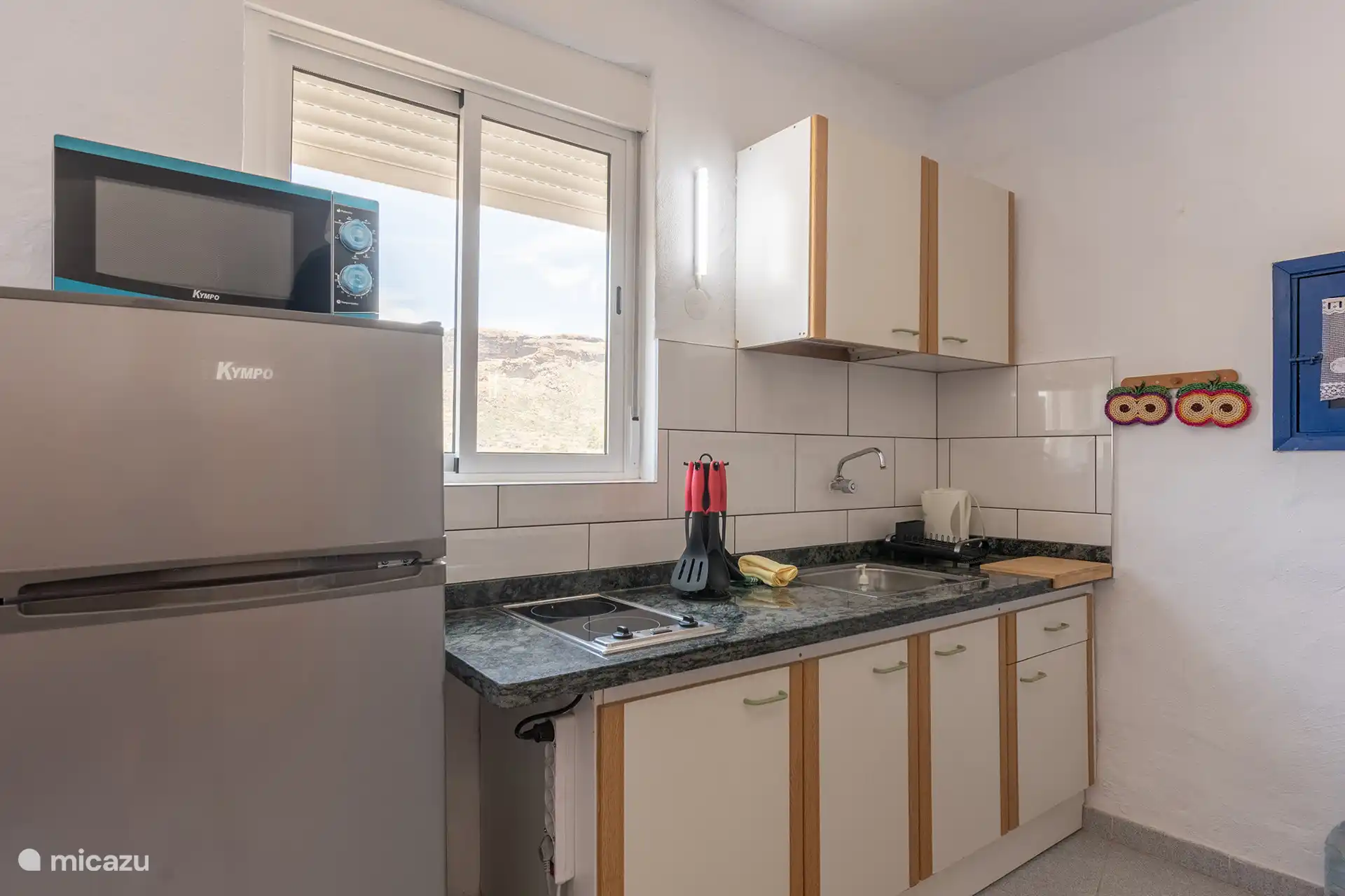 Kitchen with fridge, microwave, two-burner hob, kettle and kitchenware.