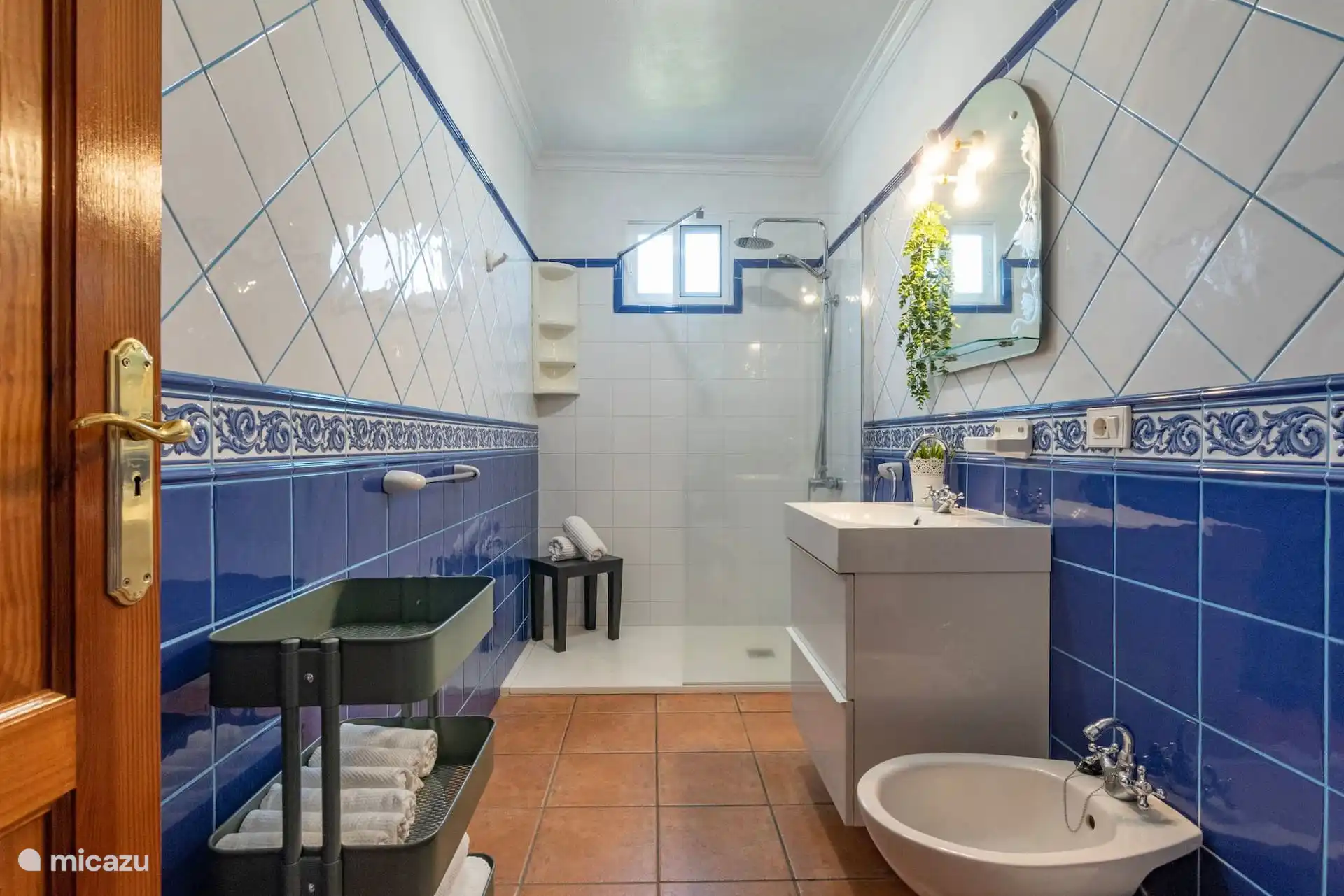 Badkamer betegeld in blauw en wit, met inloopdouche en hor, wastafel met kast en een trolley met handdoeken.