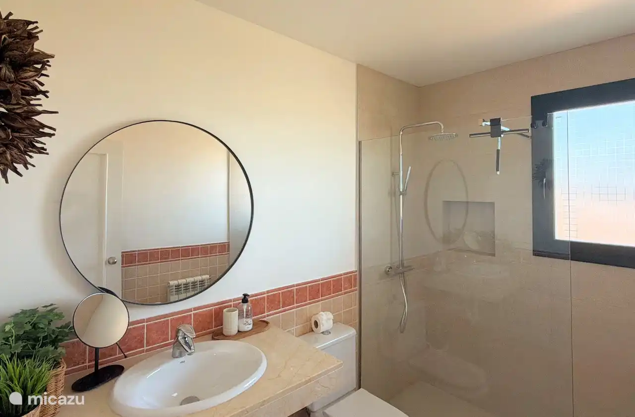 Badkamer met inloopdouche, wasmeubel en een toilet. 