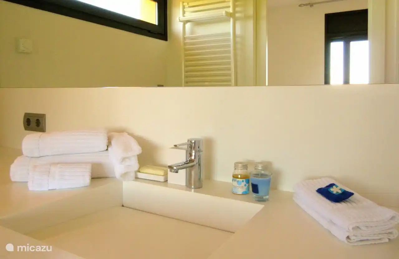 Badkamer op de verdieping met inloopdouche, wastafel en toilet.