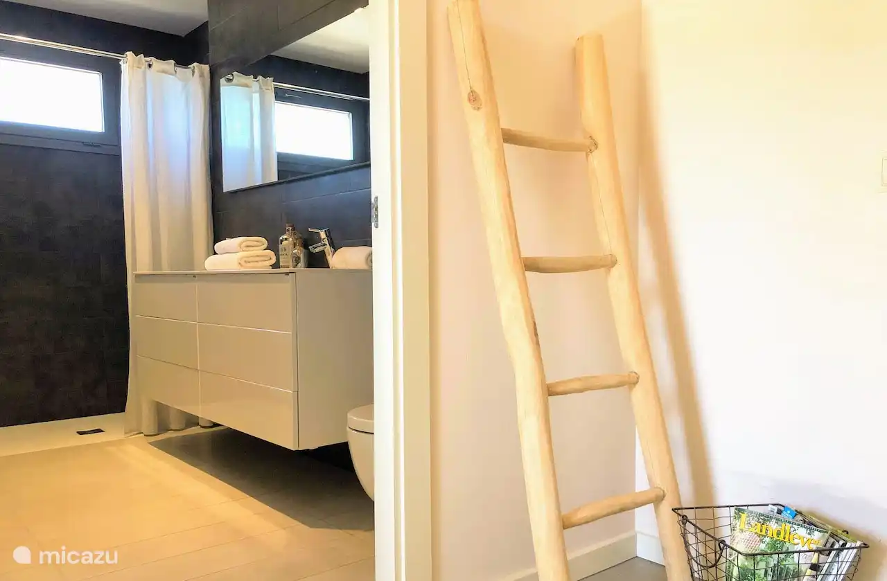 Doorgang naar de badkamer met inloopdouche, toilet en wasmeubel