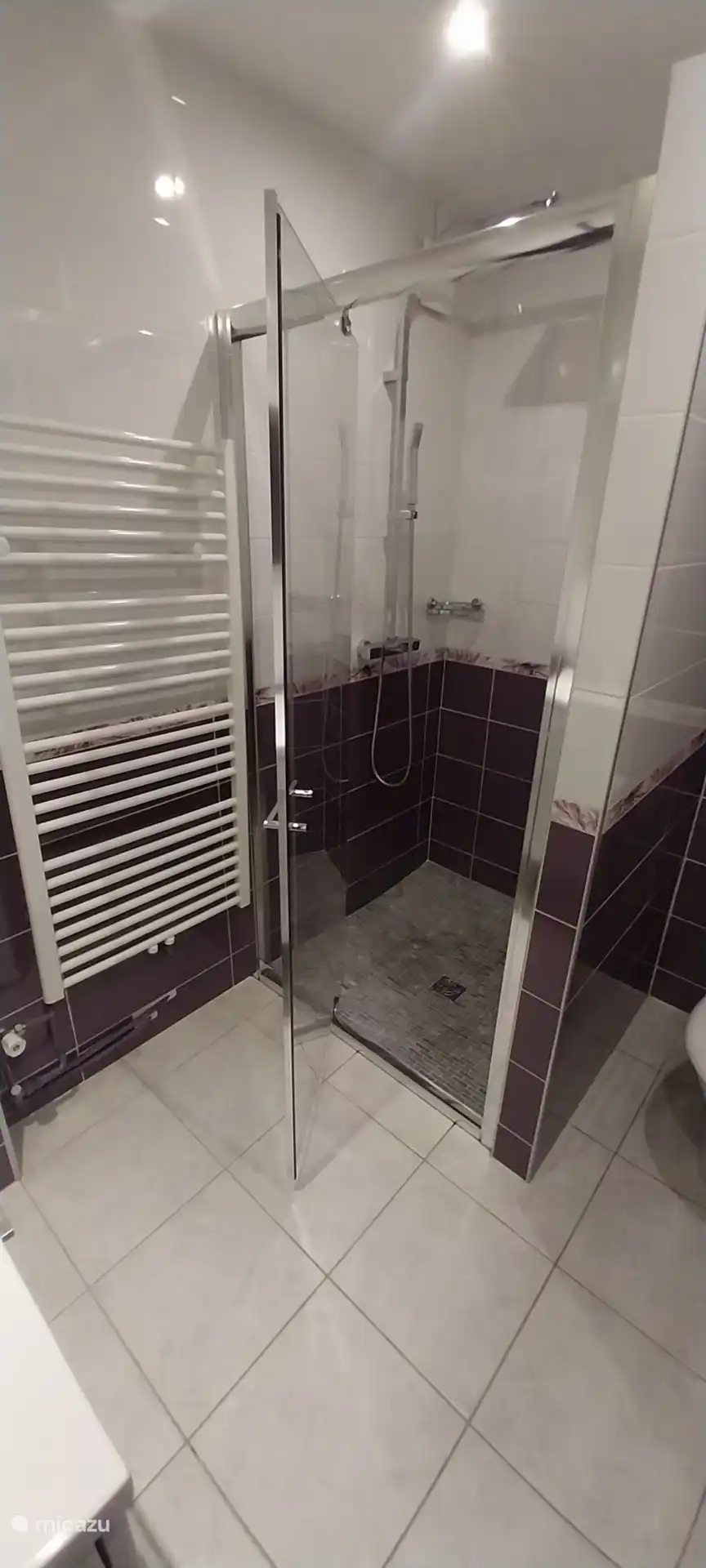 Modern bathroom: spacious walk-in shower, elegant tiled floor and heated towel rail for your daily comfort.