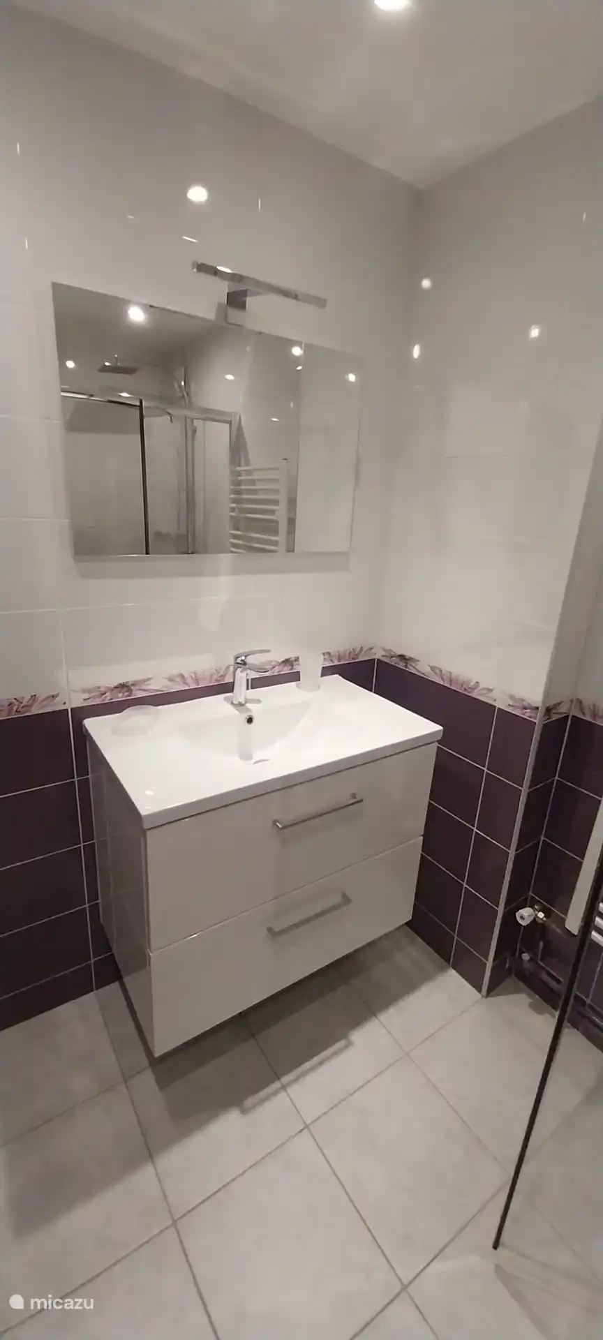 Functional toilet area with contemporary vanity unit, large mirror and built-in storage.