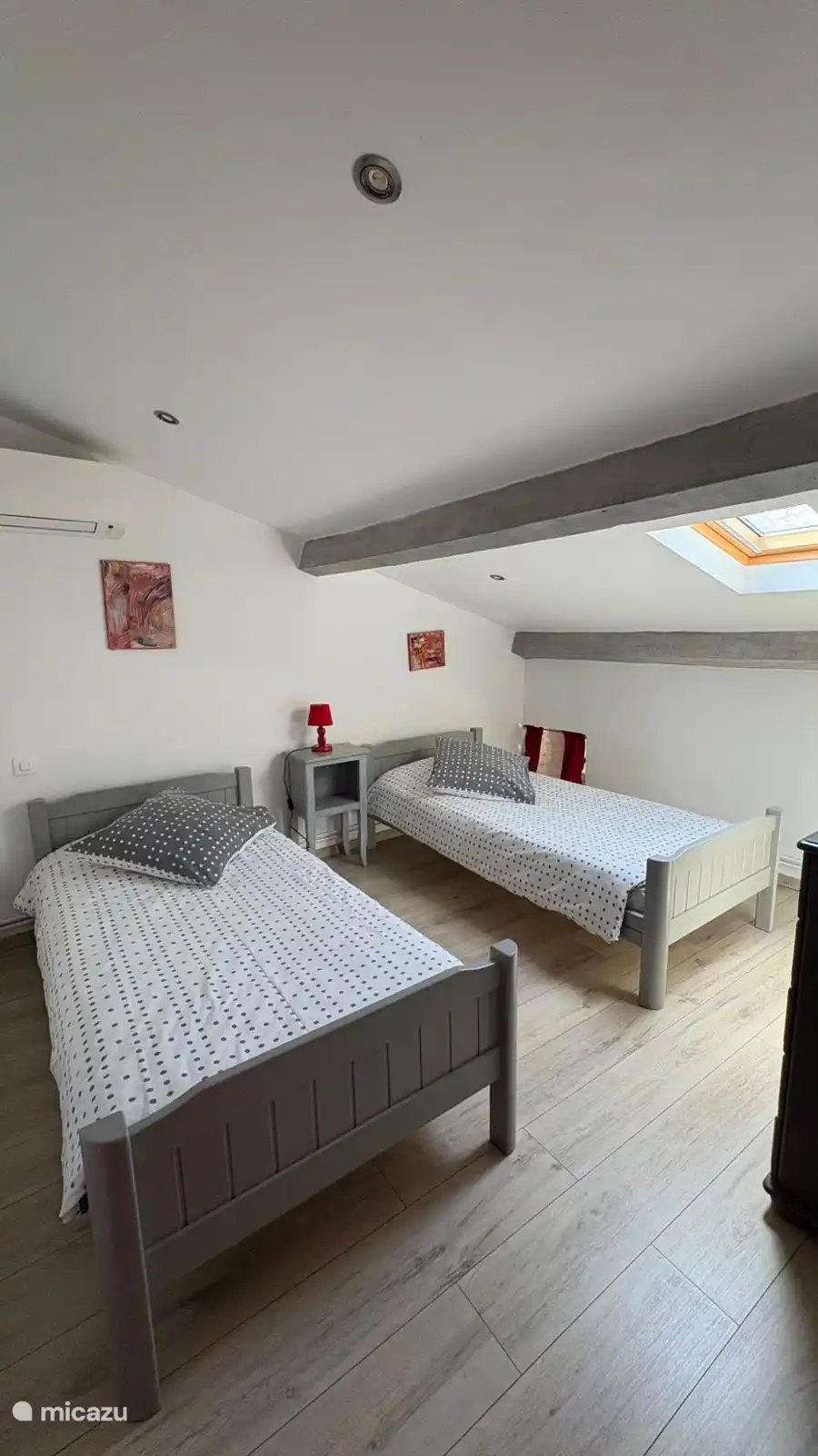Furnishing idea for families or friends: two comfortable single beds in a bright room with storage and air conditioning.