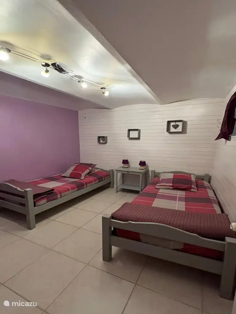 Een lichte kamer met twee eenpersoonsbedden, ideaal voor kinderen of vrienden.