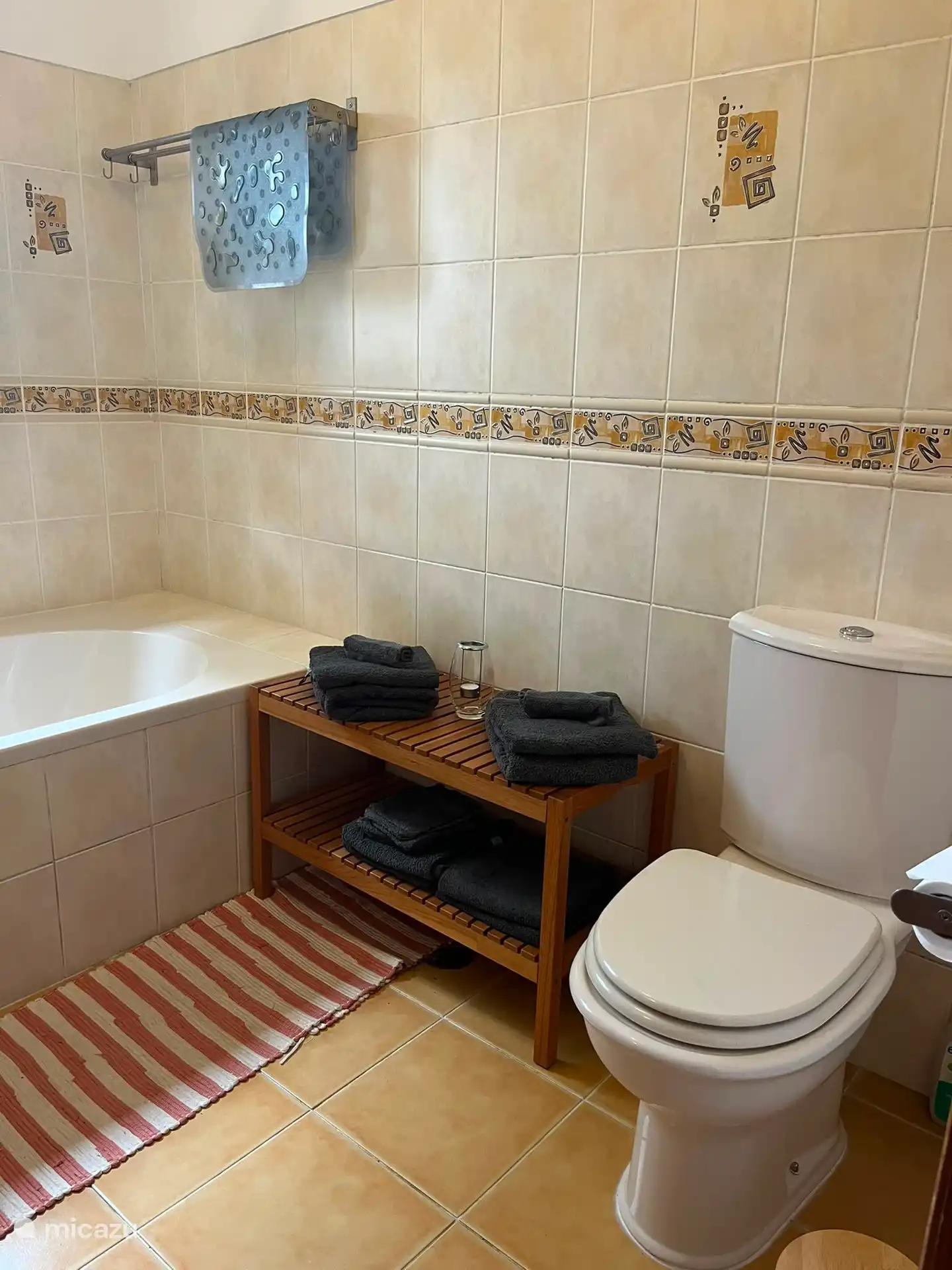 Badkamer met ligbad, toilet en handdoeken voor je verblijf