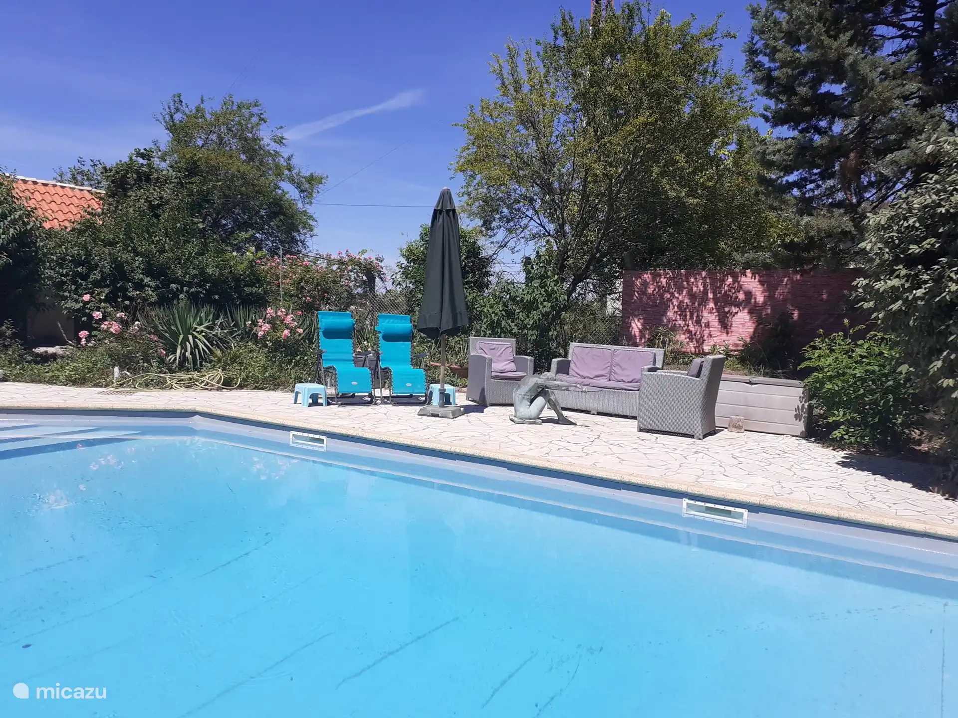 Het zonneterras (met douche) bij het zwembad