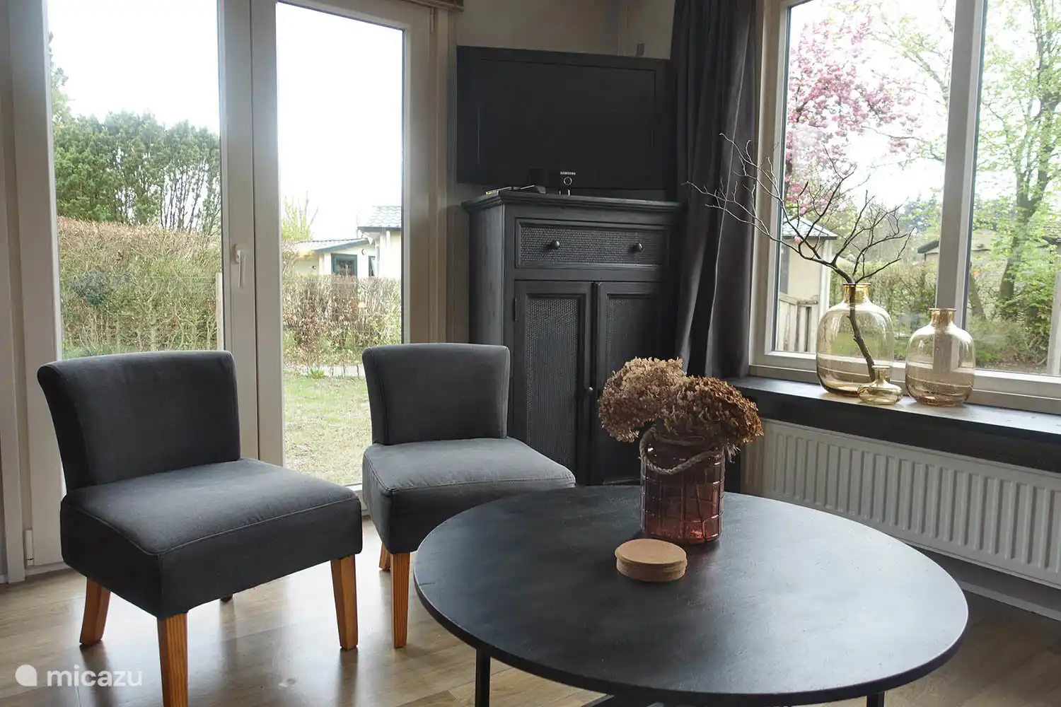 Puertas del patio del salón Vechtdalchalet Zonnezicht en Buitenplaats de Berghorst en Stegeren, OV. 
