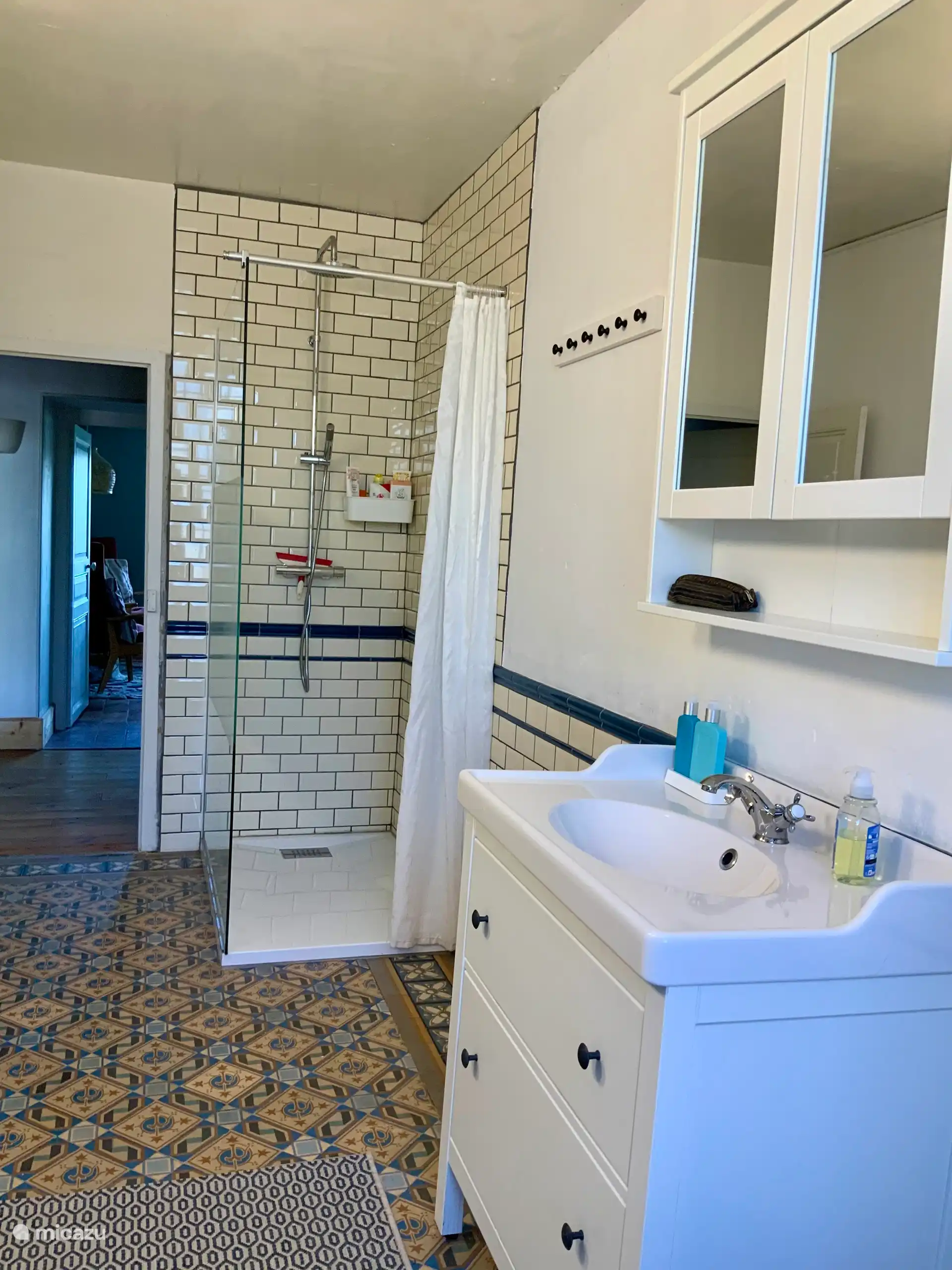Ruime badkamer met toilet en inloopdouche en wastafel 