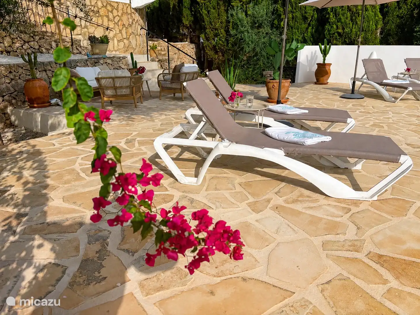 Des transats sur la terrasse près de la piscine