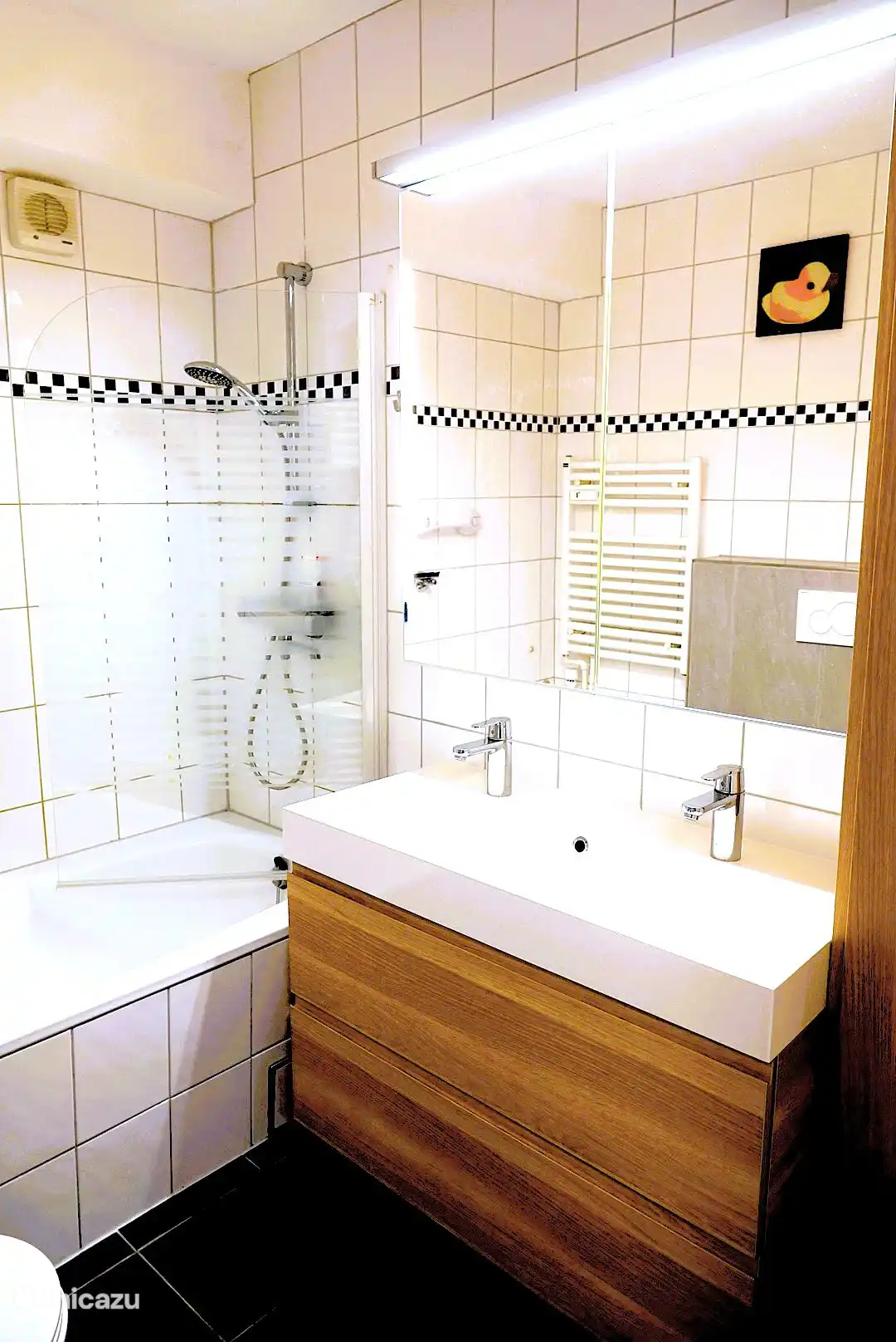 badkamer met ligbad, doche, toilet en wastafel