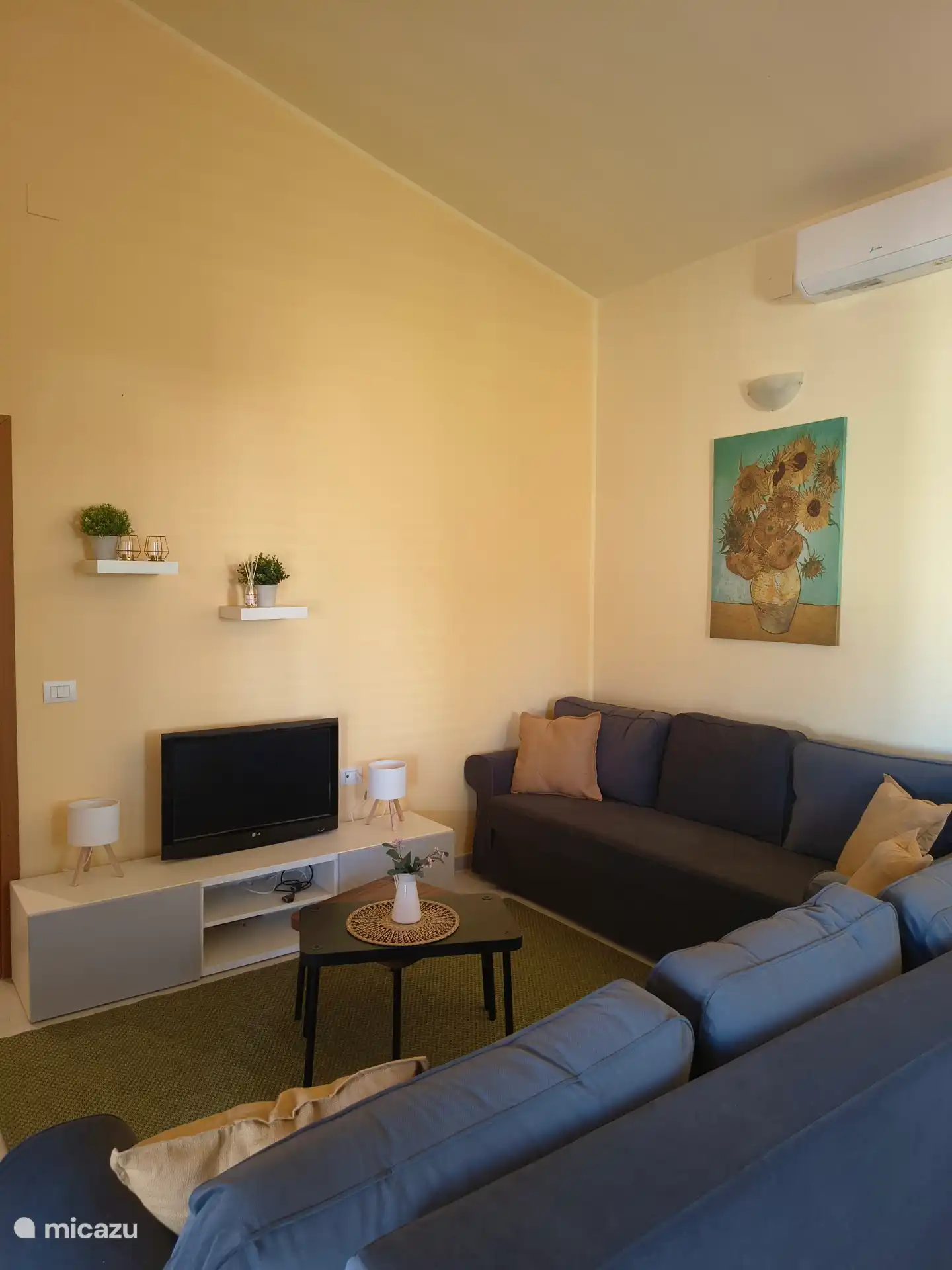 Woonkamer met 2 banken en Televisie.