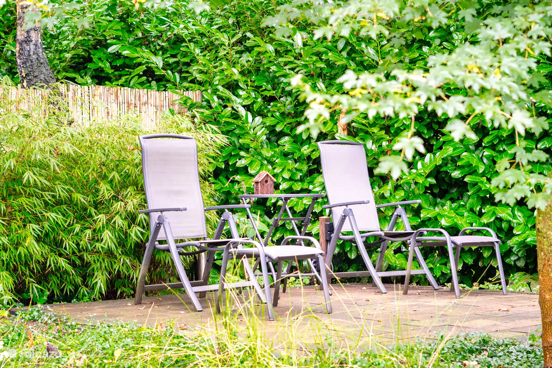 Heerlijk ontspannen in de groene privétuin met comfortabele ligstoelen.