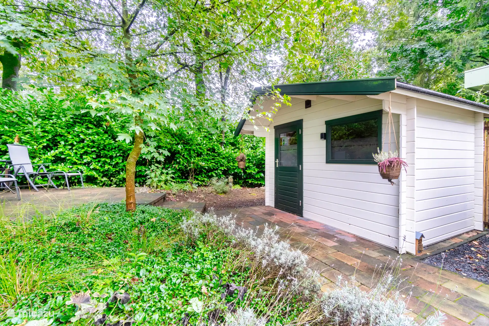 Bos Chalet Natura midden in het groen, met een zonnig terras en veel privacy rondom.