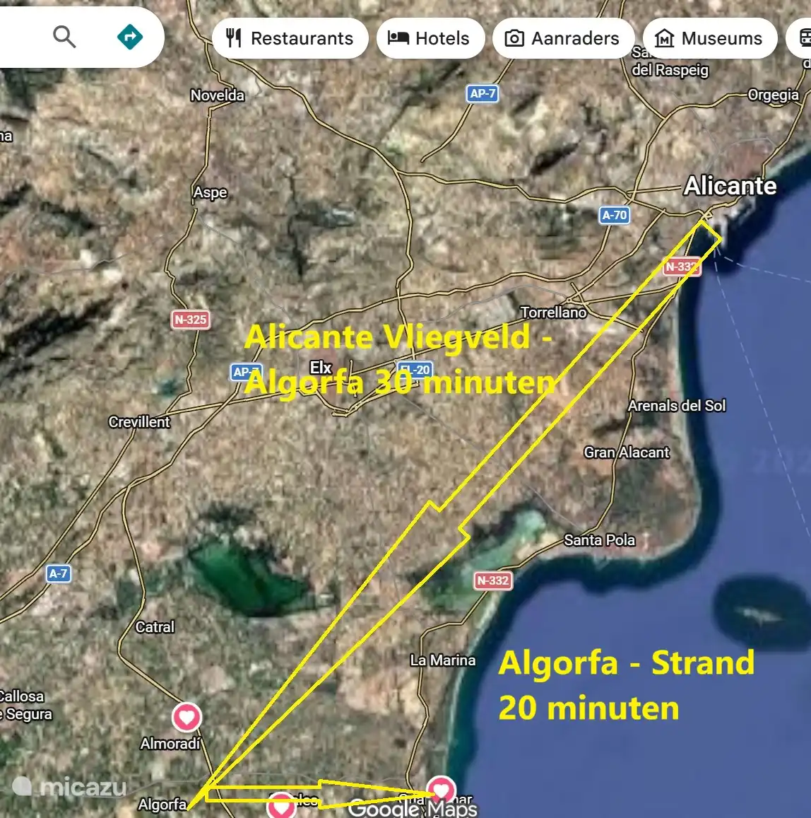 Afstanden vanaf vliegveld Alicante en indicatie van Algorfa naar diverse stranden. 