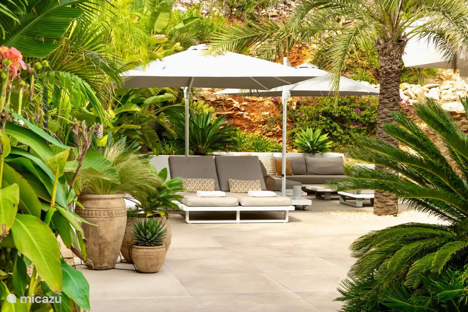 Jardín con tumbonas y salón