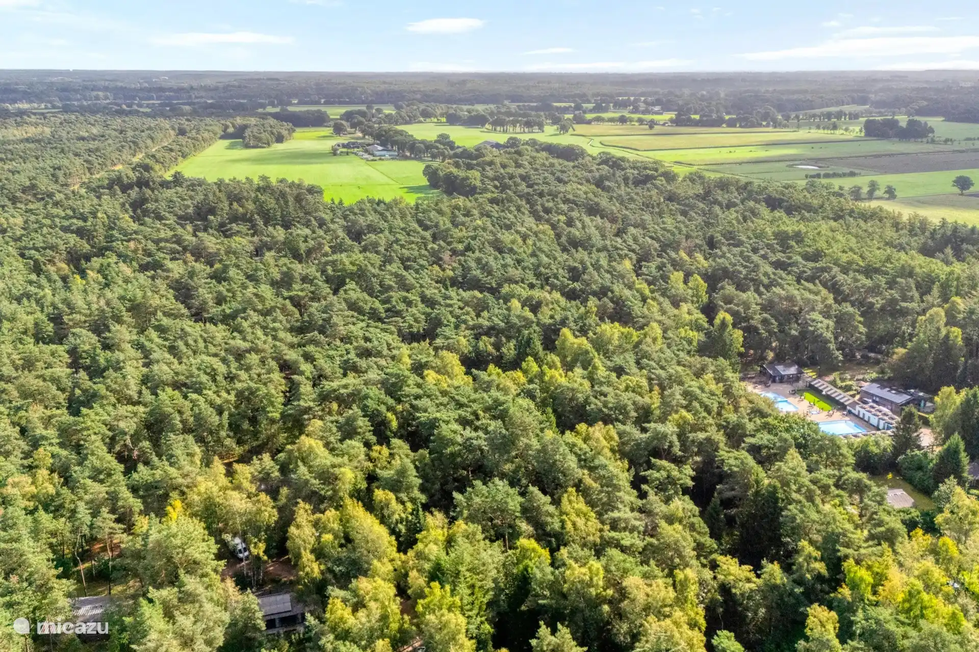 Uitzicht over het kleinschalige, bosrijke park met zwembad. Gelegen aan de voet van de Archemerberg en Lemelerberg