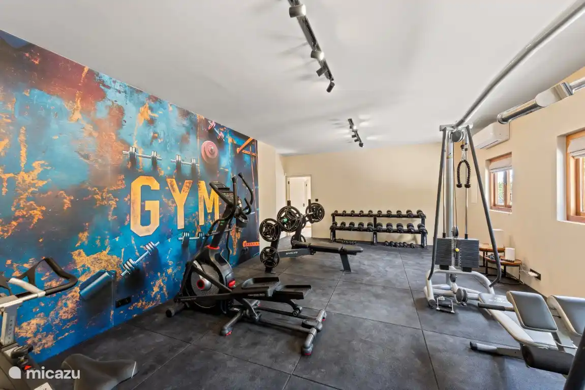 Gimnasio privado con aire acondicionado con spinning, rodilla, mancuernas, banco de presión con manubrio y pesas de hasta 150 kw, y multigimnasio Technogym