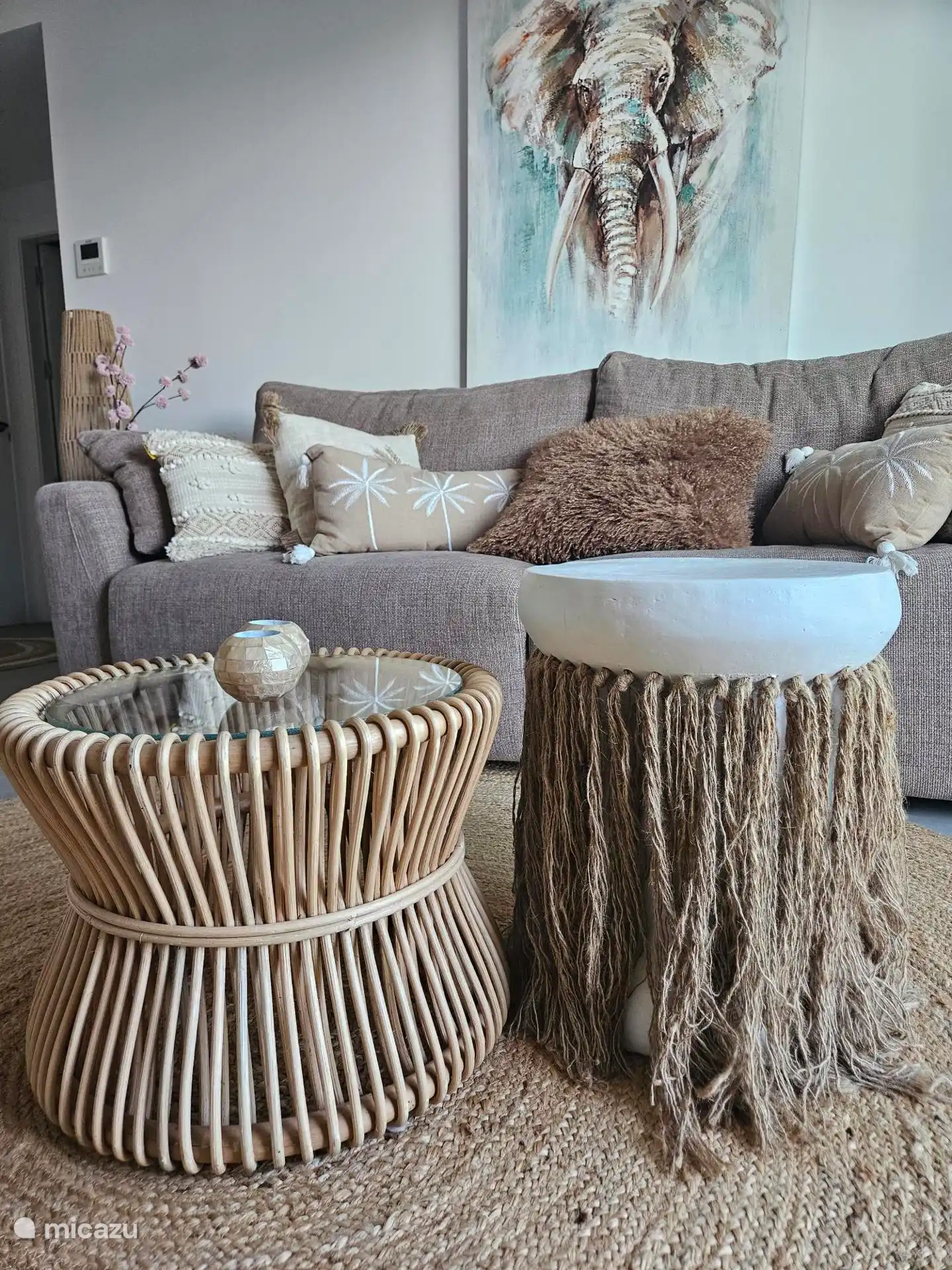 Le salon douillet est meublé d’un canapé confortable de style bohème, parfait pour se détendre.