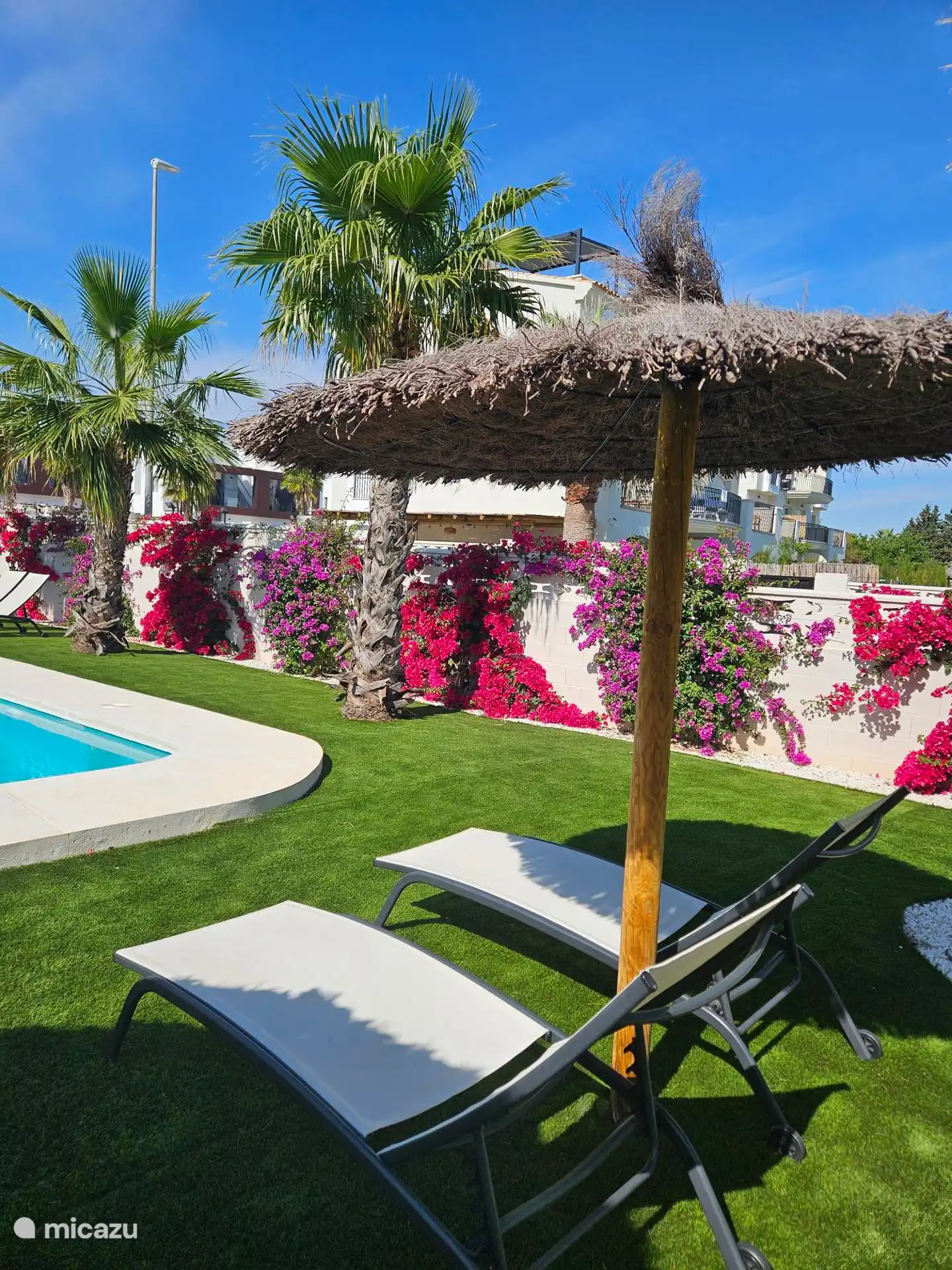 La piscine commune est installée dans un jardin magnifiquement entretenu, entourée de chaises longues confortables et de parasols.