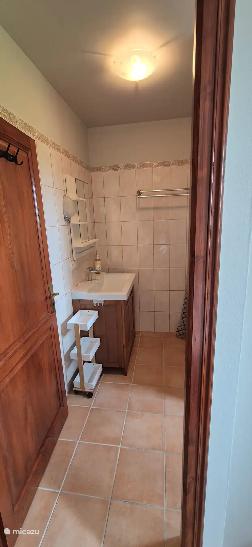 The ensuite bathroom has a spacious shower, a dressing table with plenty of shelf space for all your belongings and a toilet.