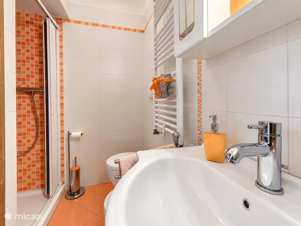 Salle de bain avec douche, lavabo et détails en mosaïque orange.