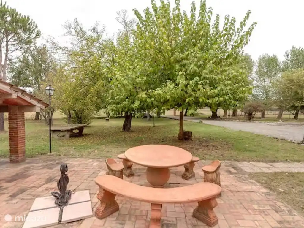 1. Espace salon extérieur entouré d’arbres matures et du vaste jardin de la propriété.