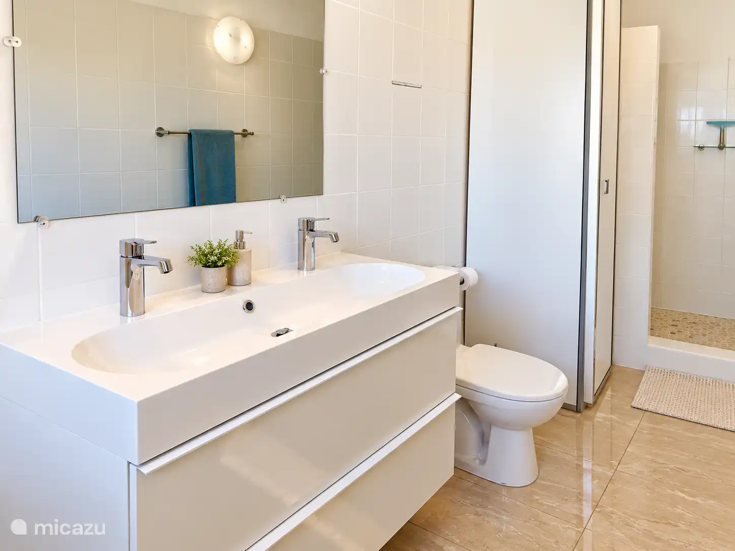 Badkamer met douche, toilet en wastafel. Handdoeken en strandlakens aanwezig.