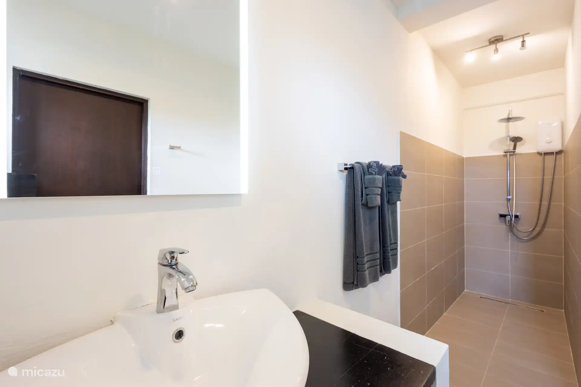 Badkamer met wastafel, toilet en douche.