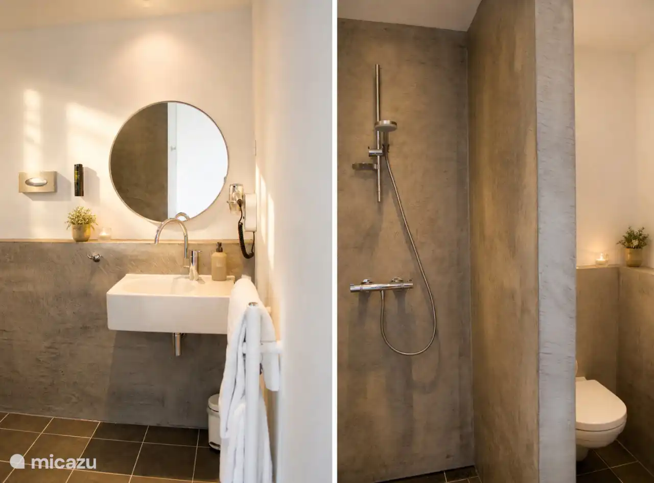 Baño privado con lavabo, ducha y inodoro