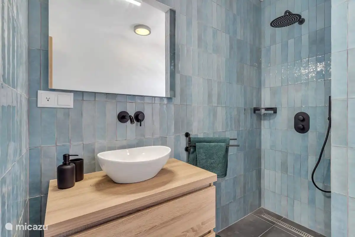 Badezimmer mit begehbarer Dusche und großem Spiegel.