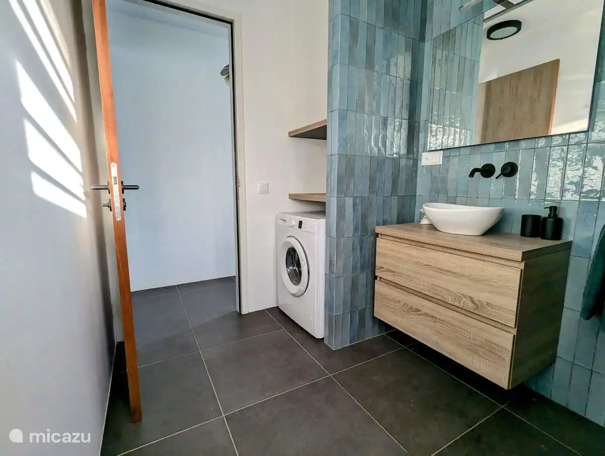 Badezimmer mit Waschbecken und Waschmaschine.