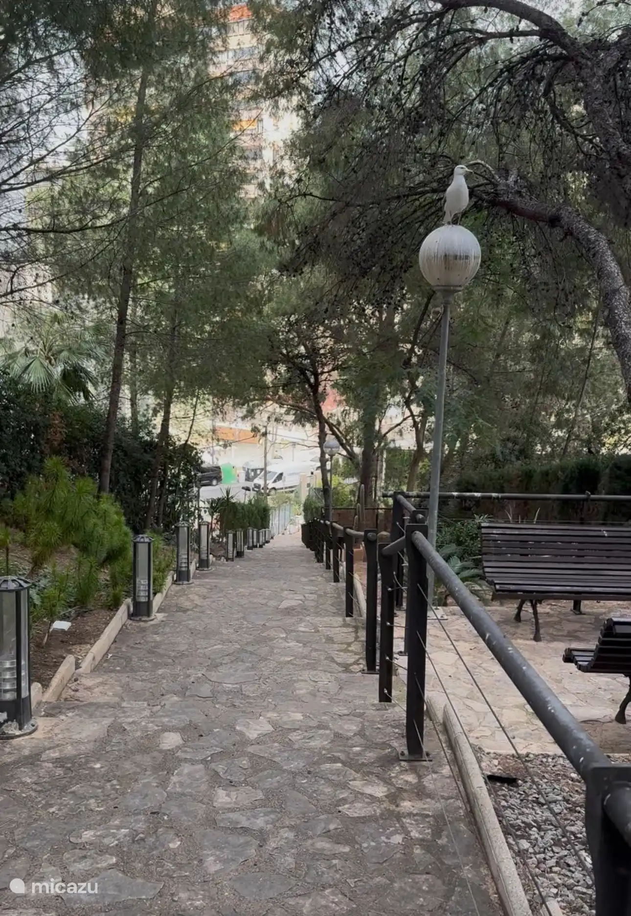 Via de trappen in de binnentuin vermijdt u de steile straat en bent u direct dicht bij de supermarkt, restaurants, uitvalswegen en het strand.