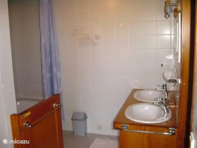 Panorama des technologies vertes | Belgique, Ardennes, Herbeumont - maison de vacances salle de bain au rez-de-chaussée de la chambre 1 avec meuble avec double vasque, WC, baignoire avec douchette.