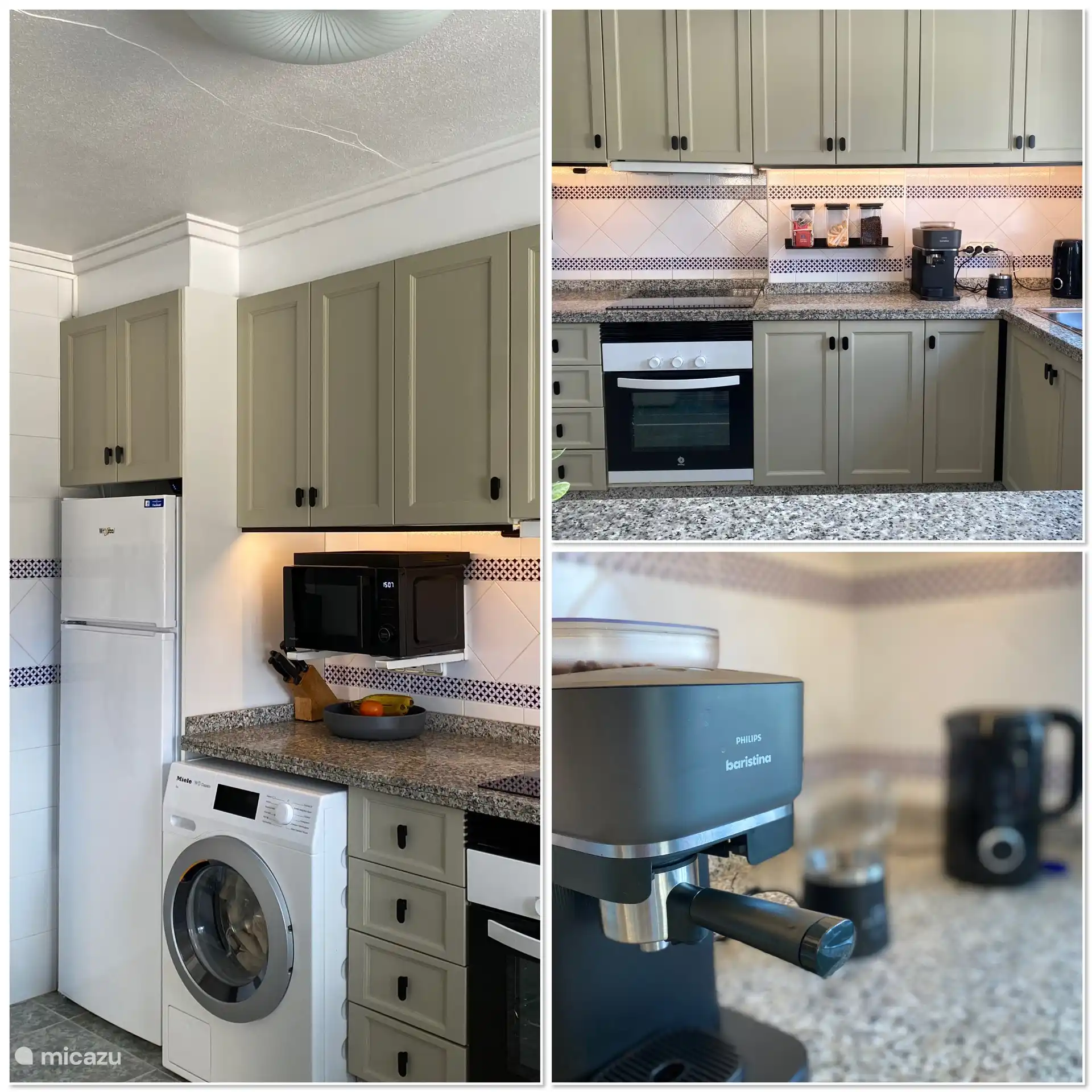 Keuken met wasmachine, oven, magnetron en espressoapparaat 