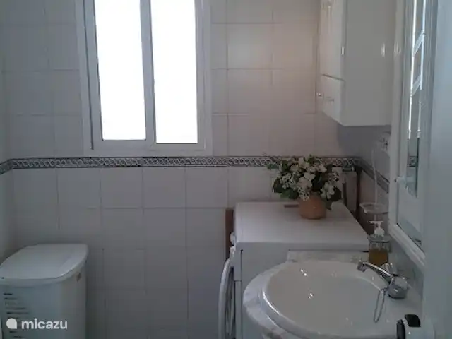 Lekker naar Spanje huren in Spanje, Costa del Sol, Benalmádena - appartement De badkamer voorzien van douche toilet, bad-meubel en wasmachine.