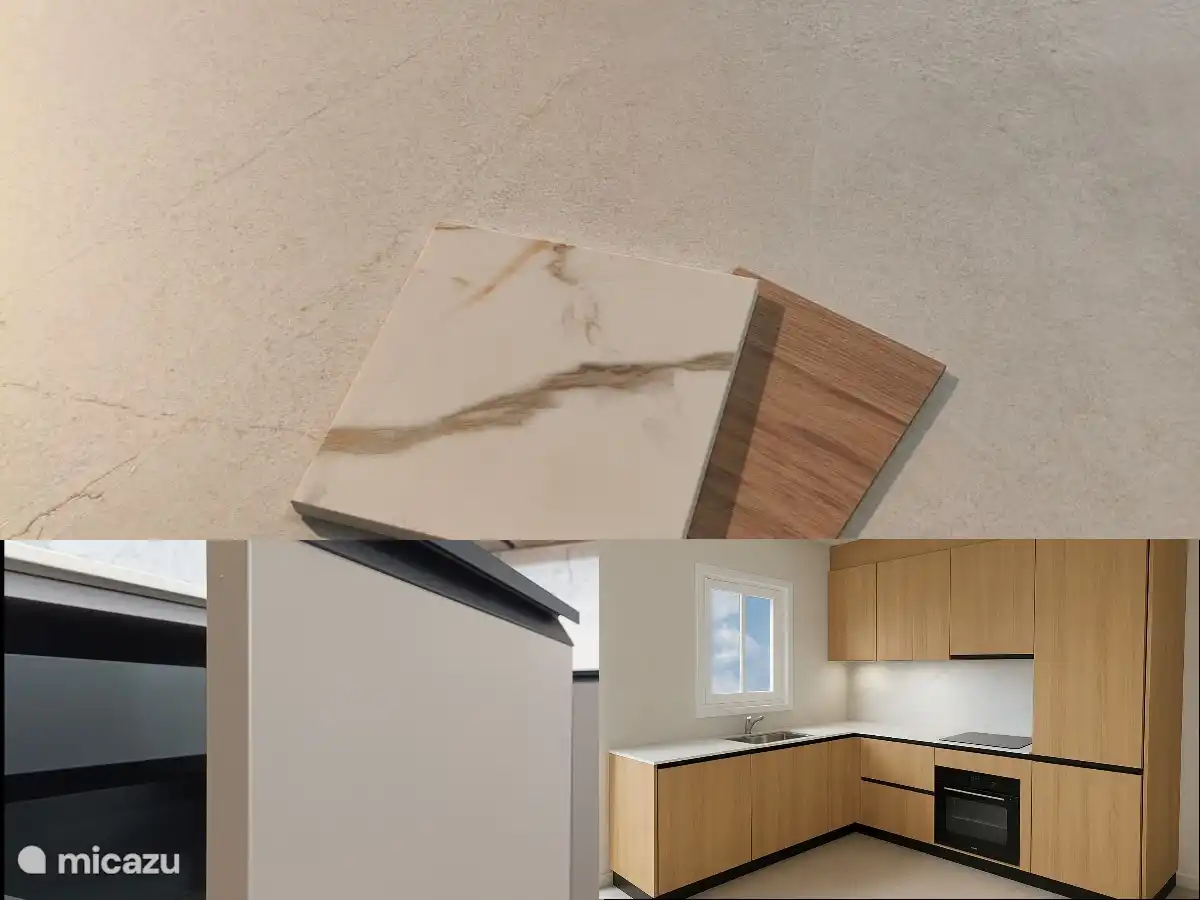 Impression après rénovation (à partir de mai 2026) : matériaux de cuisine. Le carrelage neutre est étendu dans toute la maison + terrasse 1. Les armoires en chêne sont répétées dans les 3 salles de bains et dans la cuisine