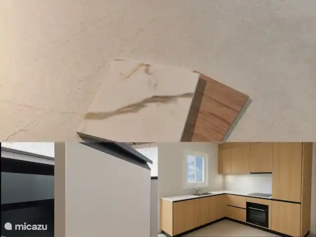 Villa D'Alfaz huren in Spanje, Costa Blanca, Alfáz del Pi - villa Impressie na verbouwing (vanaf mei 2026): keuken materialen. Neutrale vloertegel wordt doorgetrokken door hele huis + terras 1. Eikenkastjes worden herhaald in alle 3 badkamers en in keuken