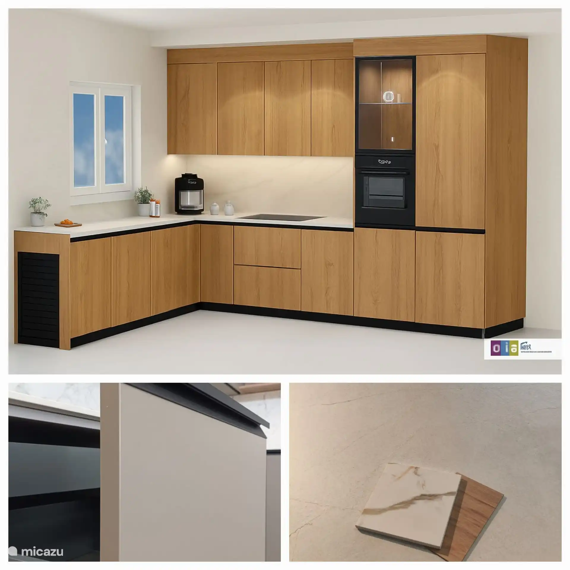 Eindruck nach der Renovierung (seit Mai 2026): Küchenmaterialien. Neutrale Bodenfliesen sind im ganzen Haus verteilt + Terrasse 1. Eichenschränke werden in allen drei Badezimmern und auch in der Küche wiederholt