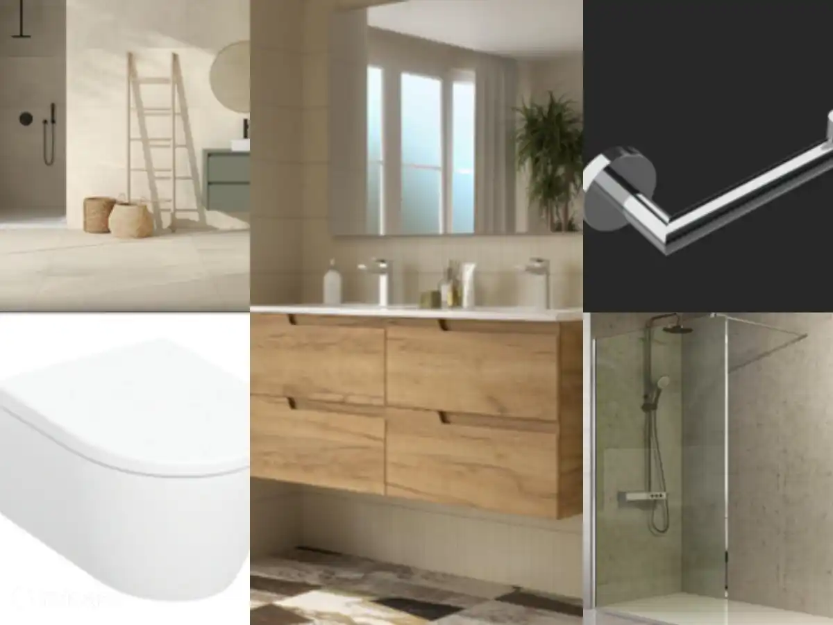 Impression après rénovation (à partir de mai 2026) : matériaux de salle de bains. Le carrelage neutre est étendu dans toute la maison + terrasse 1. Les armoires en chêne sont répétées dans les 3 salles de bains et aussi dans la cuisine