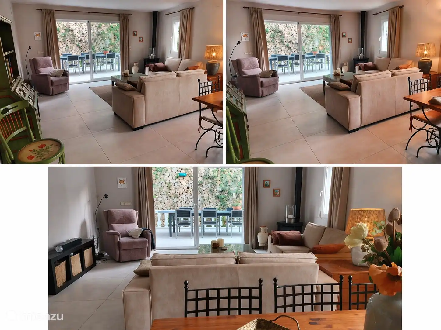 Das Wohnzimmer mit neuem Boden, Lackierung und im Hintergrund ein Blick auf eine der Terrassen für gemütliche Essmomente