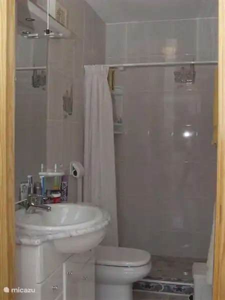 Salle de bain dans la chambre ocre, avec douche, WC et chauffage électrique radiant