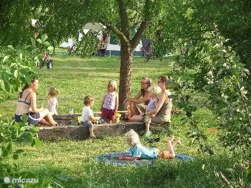 Kinder haben auf Brénazet viel Platz, es ist dort sicher und sie amüsieren sich untereinander und mit der Wippe, der Schaukel, dem Sandkasten und den Tieren.