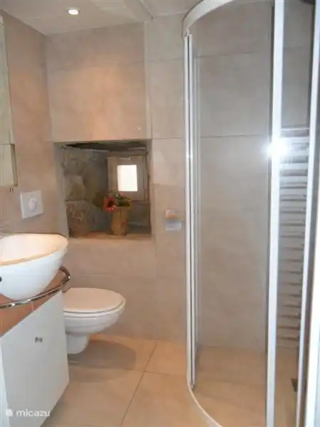 Luxusbadezimmer mit Heizung, vierteljährlicher Duschkabine, schwimmender Toilette und Designerbadmöbeln.