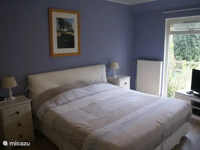 Sous le Chêne ferme de vacances | Pays-Bas, Drenthe, Diever - ferme Grande chambre au rez-de-chaussée avec lit double, vue sur fleurs et plantes