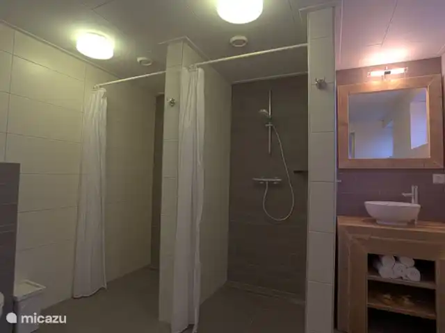 El Looische Hoeve en Países Bajos, Limburgo, Wellerlooi - casa de campo cuarto de baño con 2 duchas, lavabo e inodoro.