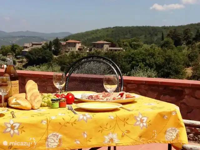 Cas'al Verde huren in Italië, Toscane, Castellina In Chianti - villa Zonneterras/balkon met vergezichten op Toscaanse heuvels.